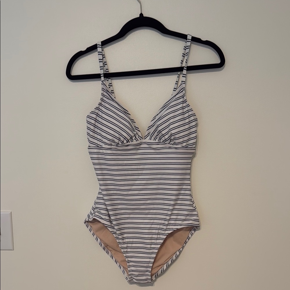 Kona Sol Black and White Striped‎ One Piece Swimsuit